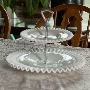 Fenton Ruffled Hobnail Silvercrest White Milk Glass 2 Tier Tidbit Serving Tray